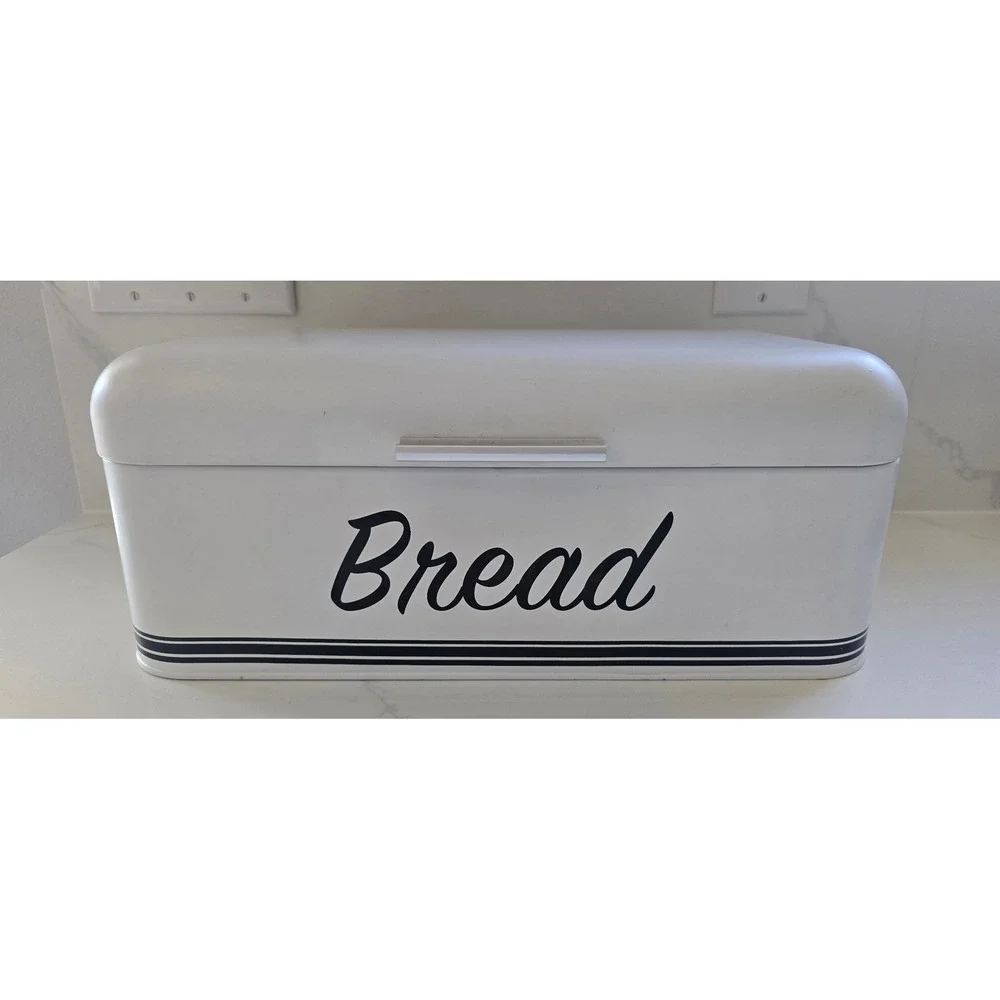 White Metal Bread Box Retro Countertop Storage‎ Bin with Hinged Lid and Stripes